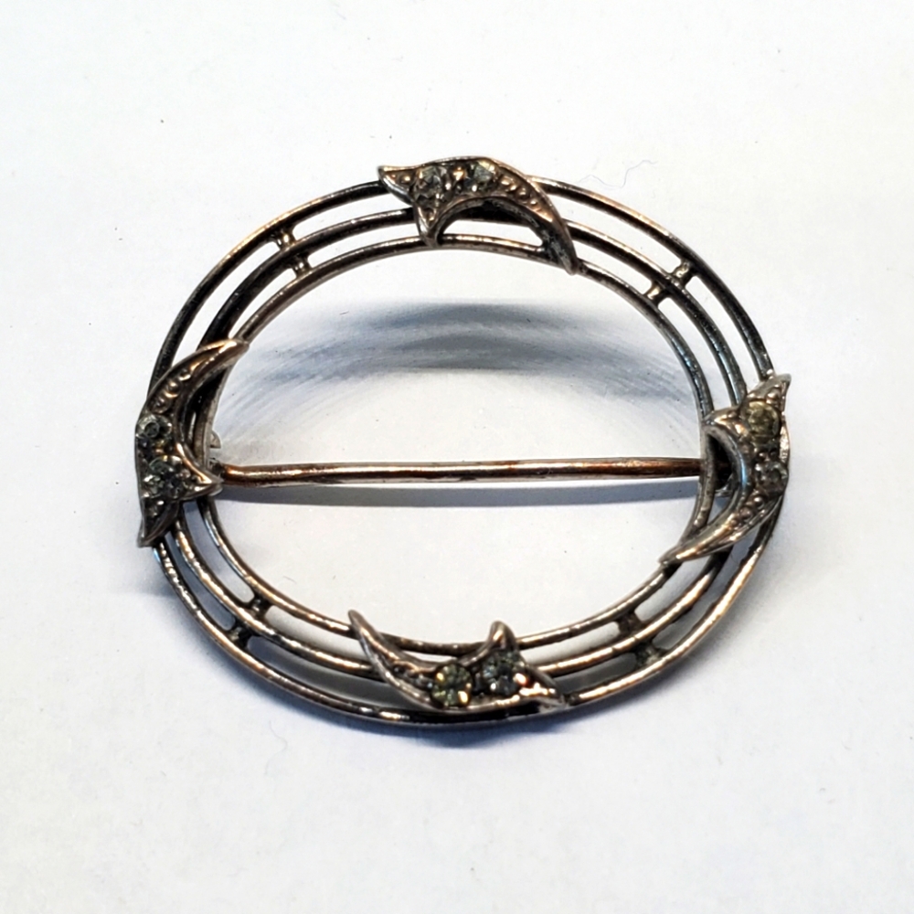 Antique Art Deco Sterling Silver Rhinestone Oval Brooch